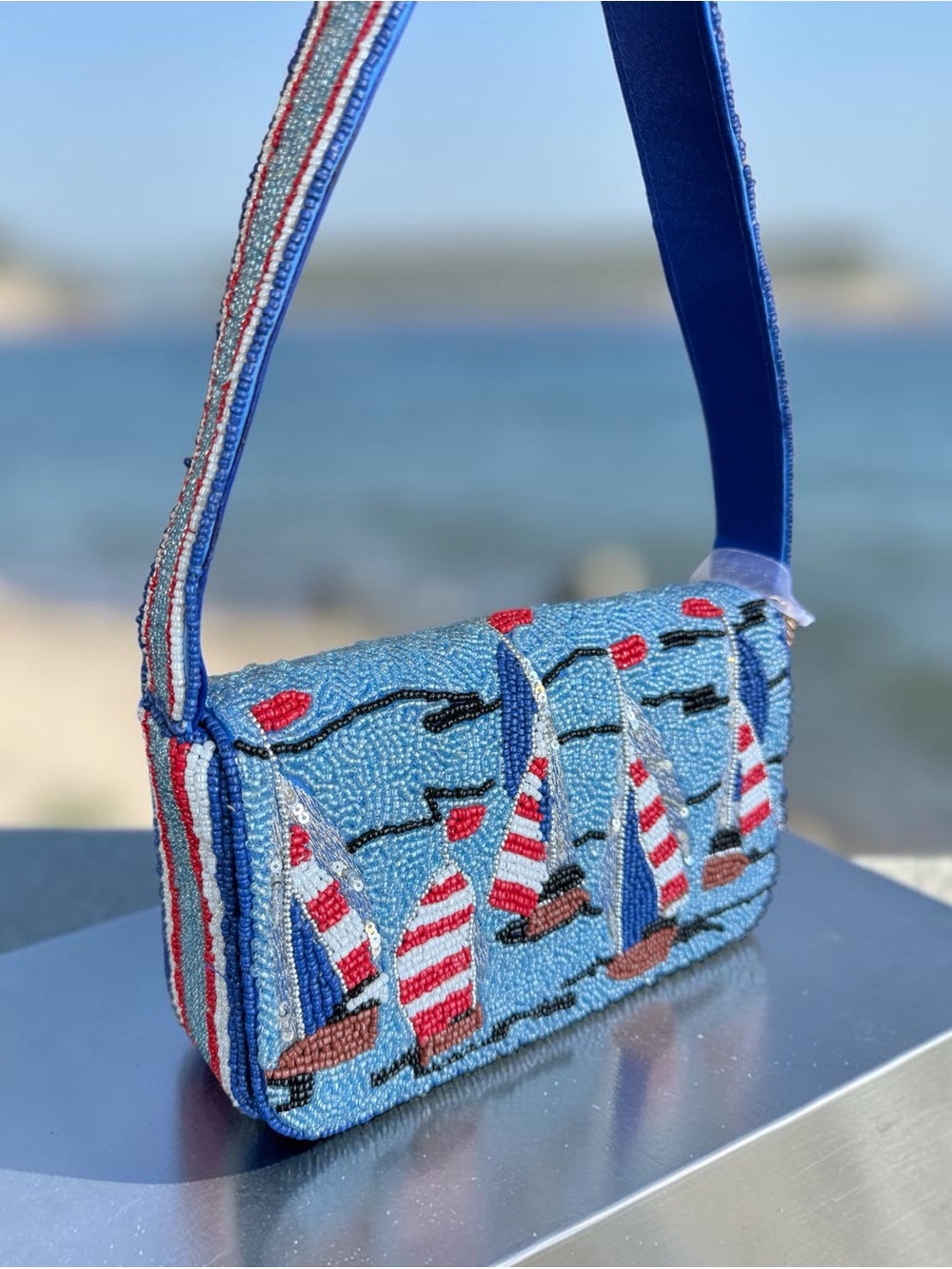 Sailboat Beaded Shoulder Bag VIRAL Sailboats Ocean Coastal Nautical NWT